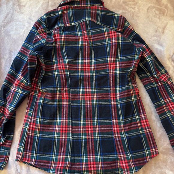 LL Bean Plaid Navy Red Green Slightly Fitted Flannel Button Down - Picture 4 of 4